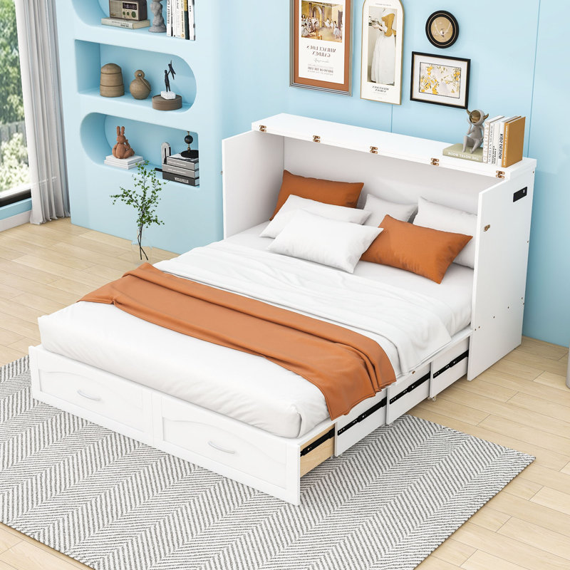 Lit escamotable en bois Latitia avec tiroir et ports USB, Grand, Blanc
