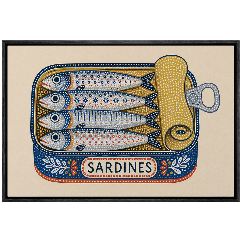 "Folk Art" sardines en étain doré bleu avec pois décoratifs et fond crème, reproduction d'art sur toile encadrée, Black