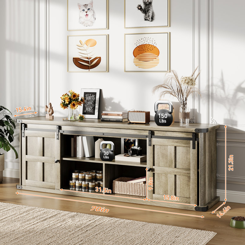 70 in Farmhouse TV Stand for 75 in TVs, Modern Entertainment Center with Sliding Barn Doors, Modern Media TV Console Table, Wood Long TV Stand for Living Room