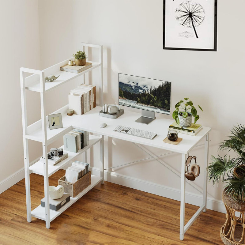 47 Inch Reversible L Shaped Desk with Bookshelf, White