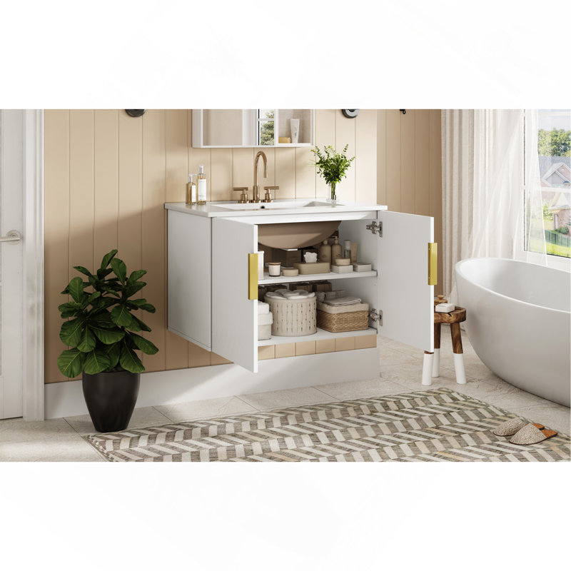 Meuble-lavabo de salle de bain 30 po avec lavabo en céramique 30 po et 3 trous, meuble-lavabo avec 2 portes à fermeture douce