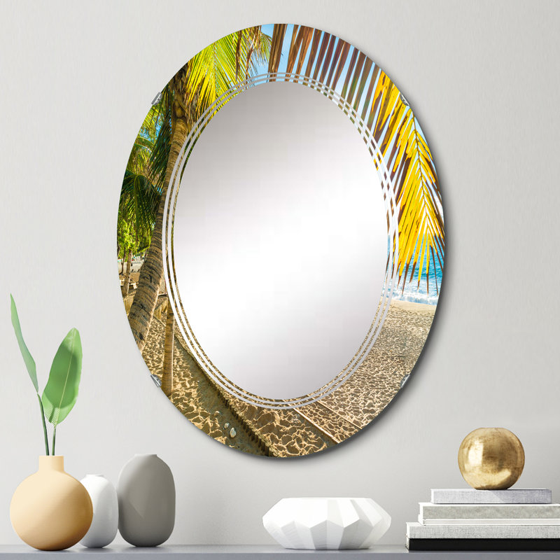 Plage tropicale avec feuilles de palmier - miroir mural nautique et côtier ovale, 30 po x 20 po