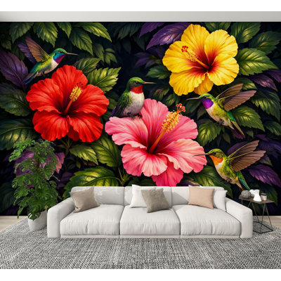 Peel and Stick Wallpaper Tropical Hibiscus Monstera Hummingbirds Dark Wall Murals 100"H x 144"W Removable PVC Wall Paper Self-Adhesive Wall Decor for Bedroom Living Room Home Office