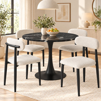 5 Pieces 35.4" Mid-Century Round Dining Table Set, Faux Marble Kitchen Dining Table Set for 4 with 4 Boucle Fabric Upholstered Dining Chairs