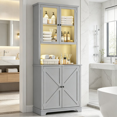 76" Tall Farmhouse Kitchen Pantry Cabinet with Charging Station, LED Lighted Glass Display Doors, Open Shelf & Double-Door Storage