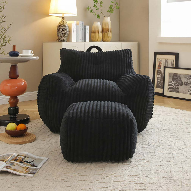 Fauteuil à billes avec repose-pieds Corduroy, Noir