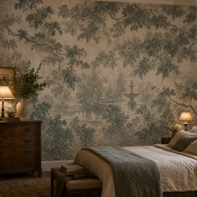 Scenic Landscape Wallpaper Pastoral Illustration Vintage Forest Removable Wall Decor