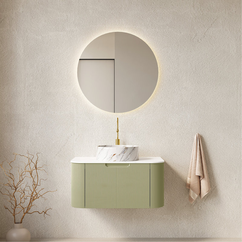 Meuble-lavabo de salle de bain 30 po avec lavabo, meuble de rangement mural à bordures courbes et flottantes avec tiroir, lavabo rond en céramique blanc avec motif de pierre, pré-assemblé, couleur vert clair