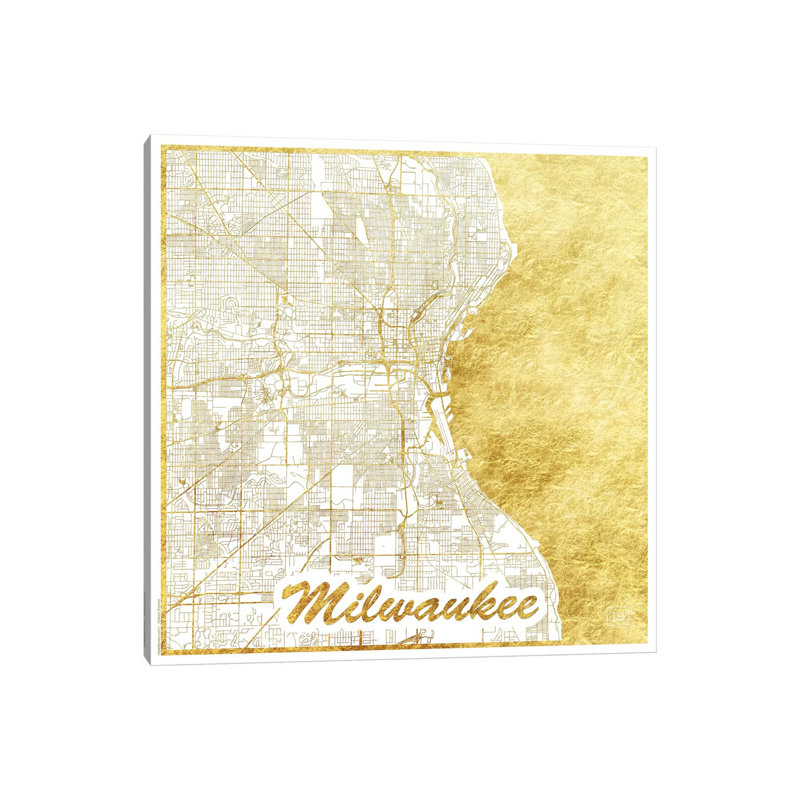 Milwaukee Gold Leaf Urban Blueprint Map by Hubert Roguski - Wrapped Canvas Print, 66.04 cm H x 66.04 cm W x 3.175 cm D