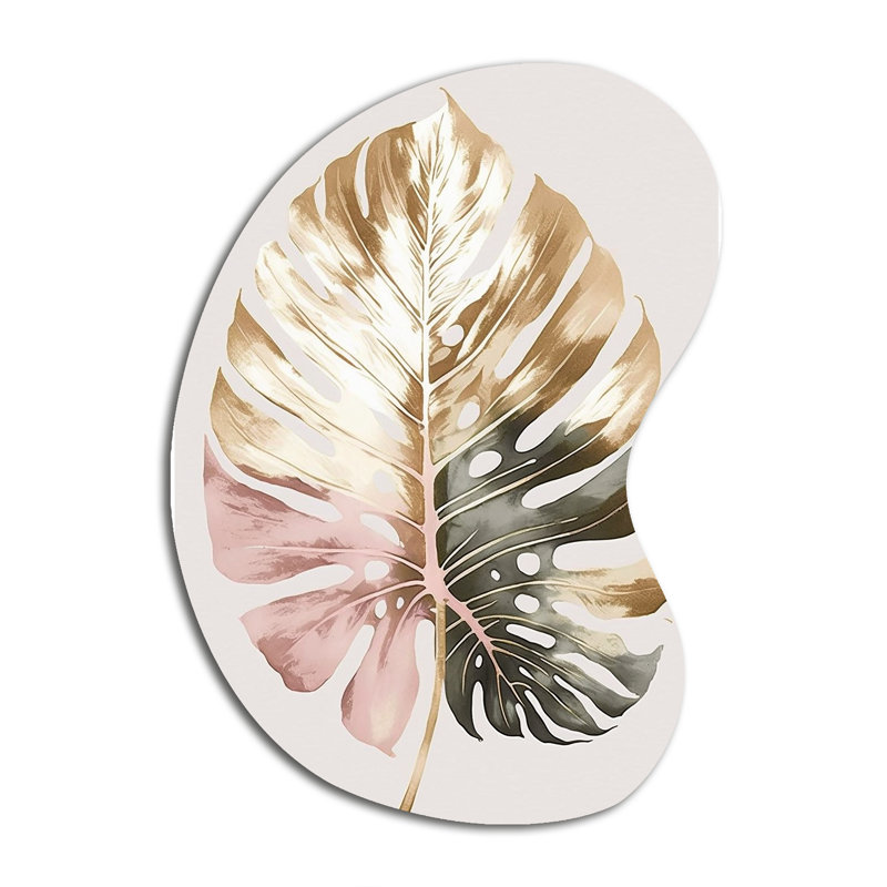 Or et blanc feuille de philodendron II - art floral asymétrique en métal, sculpture murale en métal de forme unique