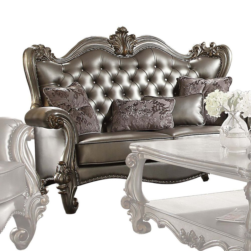 Versailles Upholstered Loveseat, Silver Faux Leather , Antique Platinum