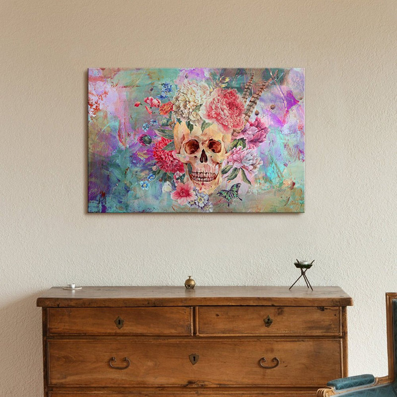 Vie et mort - Fleurs de crâne sur art floral abstrait sur toile, reproduction d'art mural, H 12 po x l 18 po x P 1,5 po
