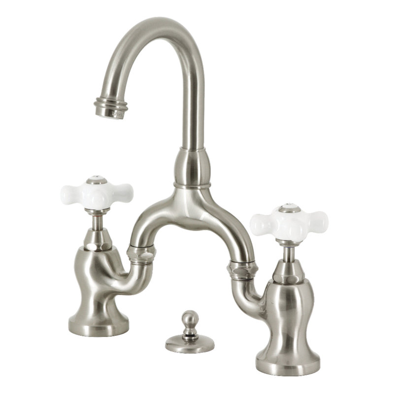 Kingston Brass English Country Two-Handle 3-Hole Deck Mount Bridge Bathroom Faucet with Brass Pop-Up, Brushed Nickel, Cross