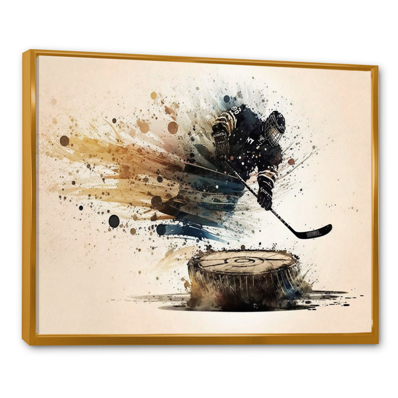 Joueur de hockey frappant une rondelle, H 30 po x l 40 po x P 1,5 po, Toile avec cadre flottant or