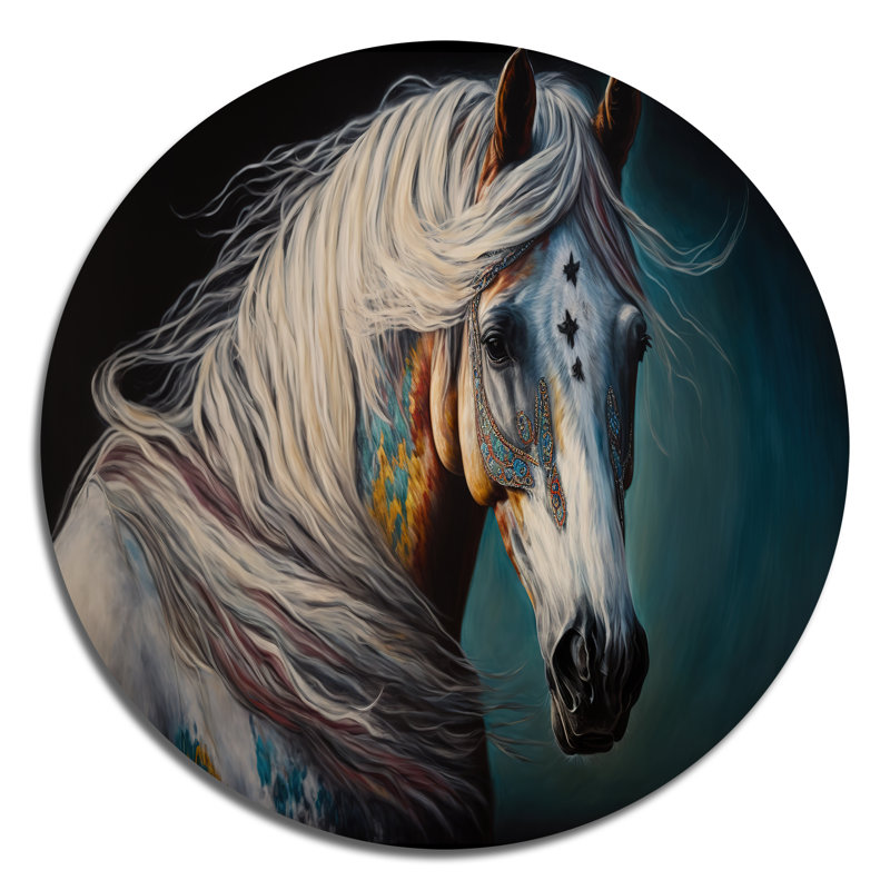 Cheval indien avec crinière colorée III - animaux, art rond en métal, H 16 po x l 16 po