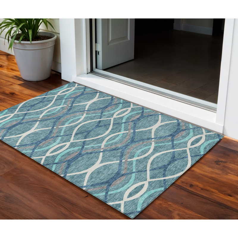 HomeRoots 3' X 5' Teal Blue Navy Blue And Gray Abstract Washable Indoor Outdoor Area Rug