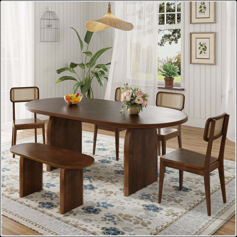 Ensemble de table de salle à manger ovale 6 pièces avec banc et chaises Sturdy, Brun, Brun