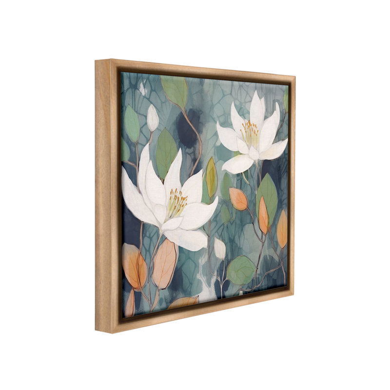 «Lilies On Geometric Motif Floater Frame» par Lazar Studio sur toile, Cadre flottant orme Montalcino, H 18 po x l 18 po