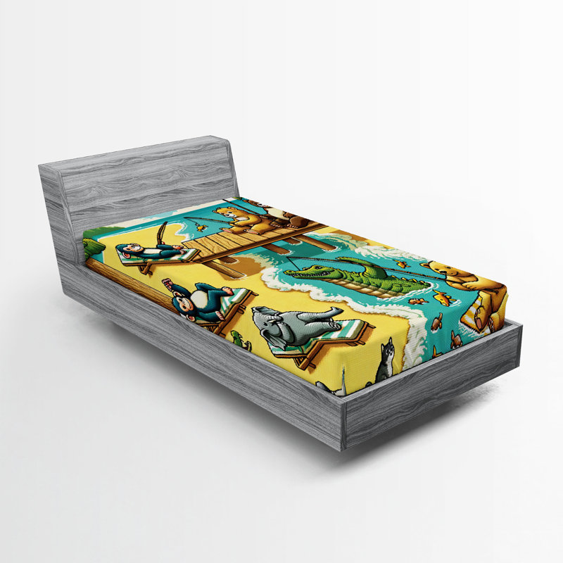 Ambesonne Funny Animals Fitted Sheet, Happy Leisure Day, Yellow Aqua Green