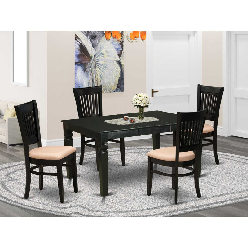 Ensemble de table de salle à manger 5 pièces moderne comprenant une table rectangulaire en bois avec feuille papillon et 4 chaises de salle à manger en tissu de lin, noir