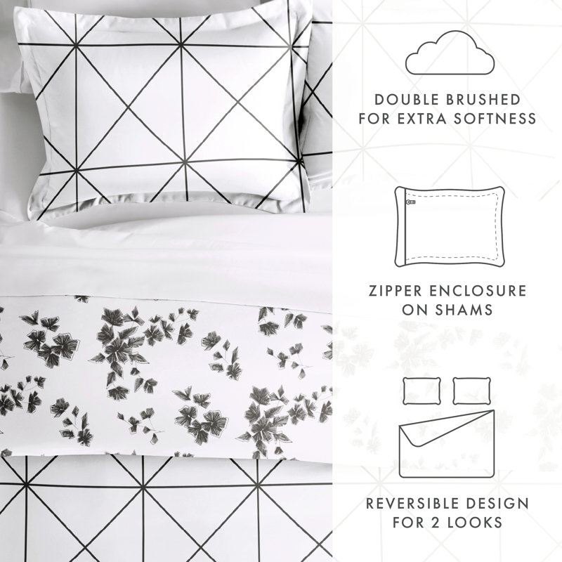 Gray and White Geometric Floral Twin/Twin XL Cotton Duvet Cover Set