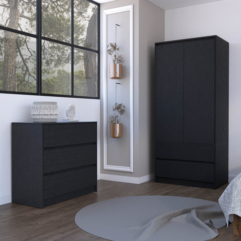 Ensemble de chambre à coucher, commode et armoire 2 pièces Lewes, Noir