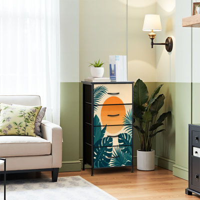 Commode 4 tiroirs pour chambre à coucher, commode étroite, plateau en bois et structure de bureau en fer 18 po x 37,5 po - (l x H) - avec motif de feuilles de palmier Monstera