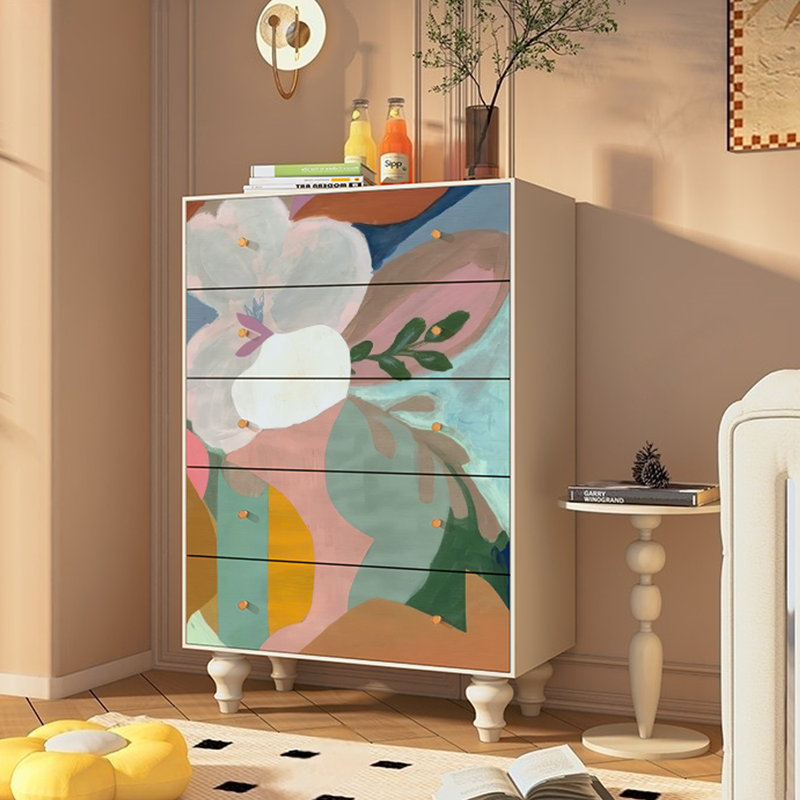 Commode décorative à cinq tiroirs Retro, Ivoire blanc