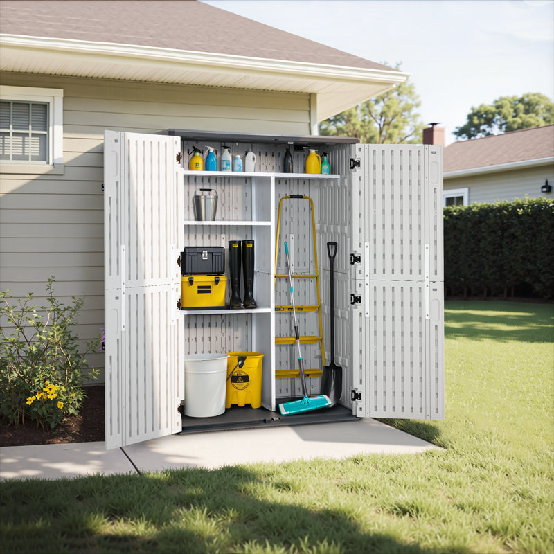4.3 x 2.5 ft Resin Vertical Tool Shed, Waterproof Outdoor Storage Cabinet with Metal Shelf and Floor