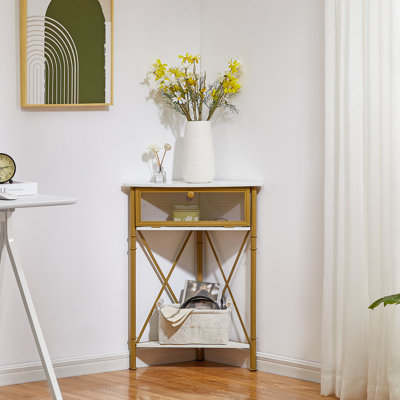 Ensemble de 2 tables de bout avec rangement Kempst, ensemble de 2 tables de bout en coin de ferme avec porte rabattable, tables d'appoint triangulaires industrielles avec tablette, tables d'appoint rustiques pour petit salon
