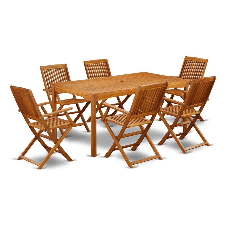 Ensemble de table de jardin 7 pièces composé d'une table de salle à manger d'extérieur rectangulaire en bois d'acacia et de 6 chaises à accoudoirs pliantes, 36 po x 66 po, huile naturelle