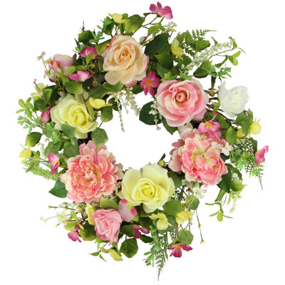 Rose and Peony Artificial Floral Spring Wreath Pink and Yellow - 22-Inch