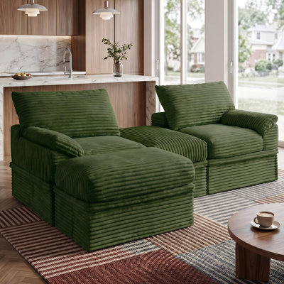 Boneless 70.8"W Oversized Corduroy Sectional Loveseat with Pillow Topped Arms, 4-Piece Modular Sleeper Sofa with 2 Ottomans, Under-Seat Storage & 2 Pillows for Living Room, Easy Assembly