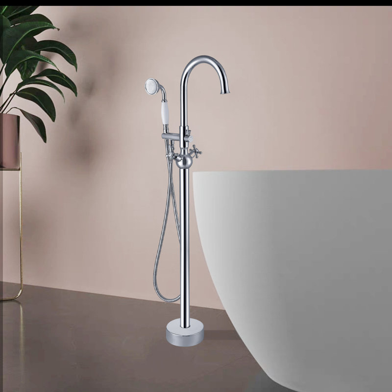 Triple Handle Floor Mounted Tub Filler With Handshower, Chrome