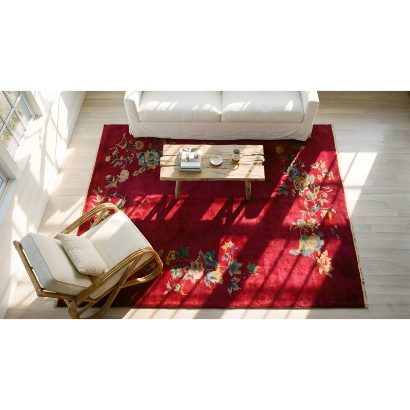 Antique Rich Red Color Floral Minimalist Design Chinese Area Rug