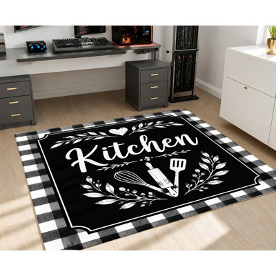Tapis à carreaux noirs et blancs de style campagnard vintage, motif ustensiles de cuisine et feuilles, antidérapant et lavable, idéal pour la salle à manger, l'entrée ou la buanderie. Décoration intérieure chaleureuse.