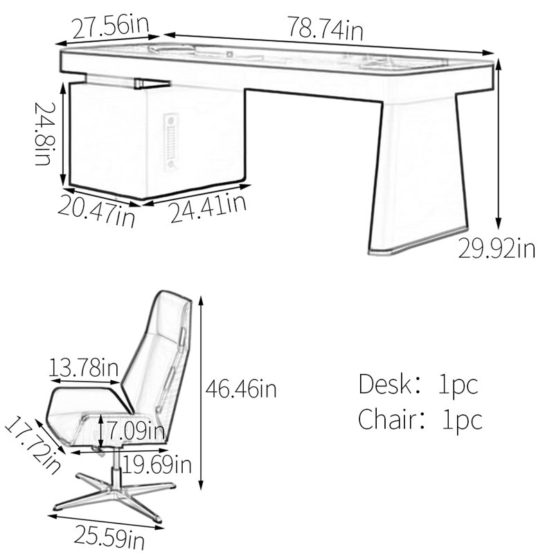 Bureau de table en pierre frittée, H 29,53 po x l 78,74 po x P 27,56 po