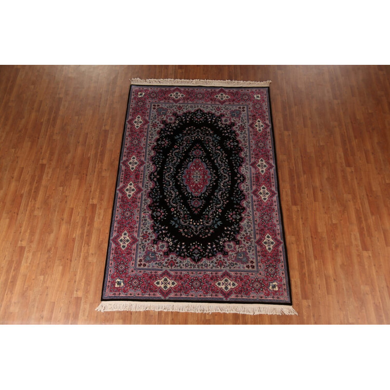 Tapis traditionnel chinois à motif de teinture végétale noir et rose 6 x 9