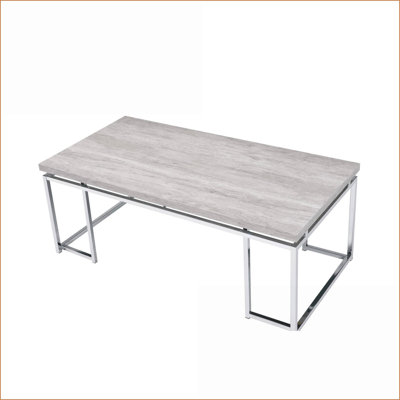Chêne naturel Table basse chromée pour salon, base de traîneau stable et amp; Surface facile à nettoyer
