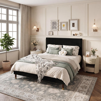Structure de lit plateforme double, structure de lit double moderne avec tête de lit tapissier et support de lattes en métal robuste, aucun sommier requis, assemblage facile, noir