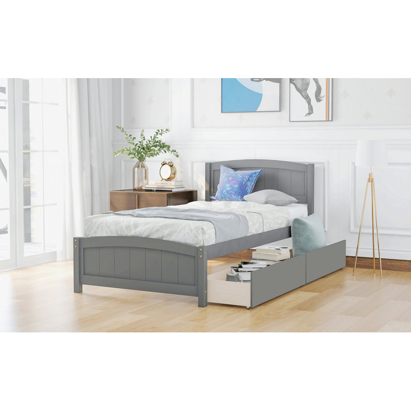 Lit élégant pour appartement, chambre d'amis, lit plateforme avec lit à deux tiroirs, Gris