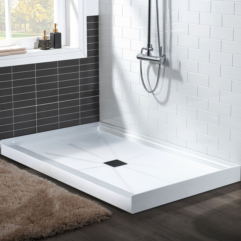 48" W x 32" D Solid Surface Single Threshold Shower Pan Base with Drain Assembly & Drain Cover Included, Non-Slip, Center