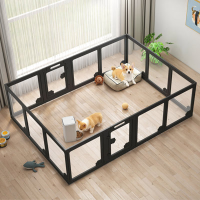 Enclos de jeu modulaire en acrylique transparent pour petit chien avec 2 portes, clôture transparente pour petits chiens, chats, lapins, facile à assembler et à démonter, noir (H 24 po, 14 pièces)