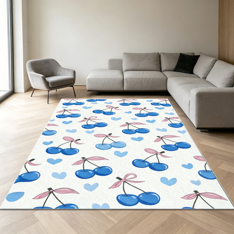 1PC Blue Cherry & Heart Print area rugs for Living Room, Soft and Comfortable, Suitable for all seasons, easy-to-maintain, machine washable Indoor floor mat, Under Table Farmhouse suitable for Dining Table, Bedroom, Kitchen, Entryway, Patio, Home
