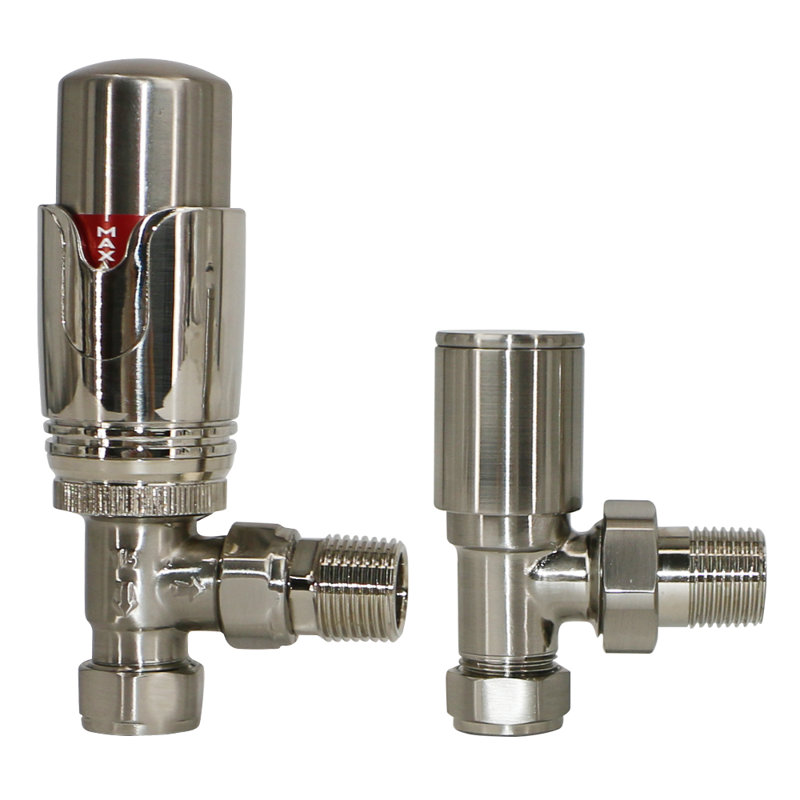 Thermostatic TRV Radiator Heated Towel Rail Valves Angled 15Mm X 1/2" Pair, Satin Nickel