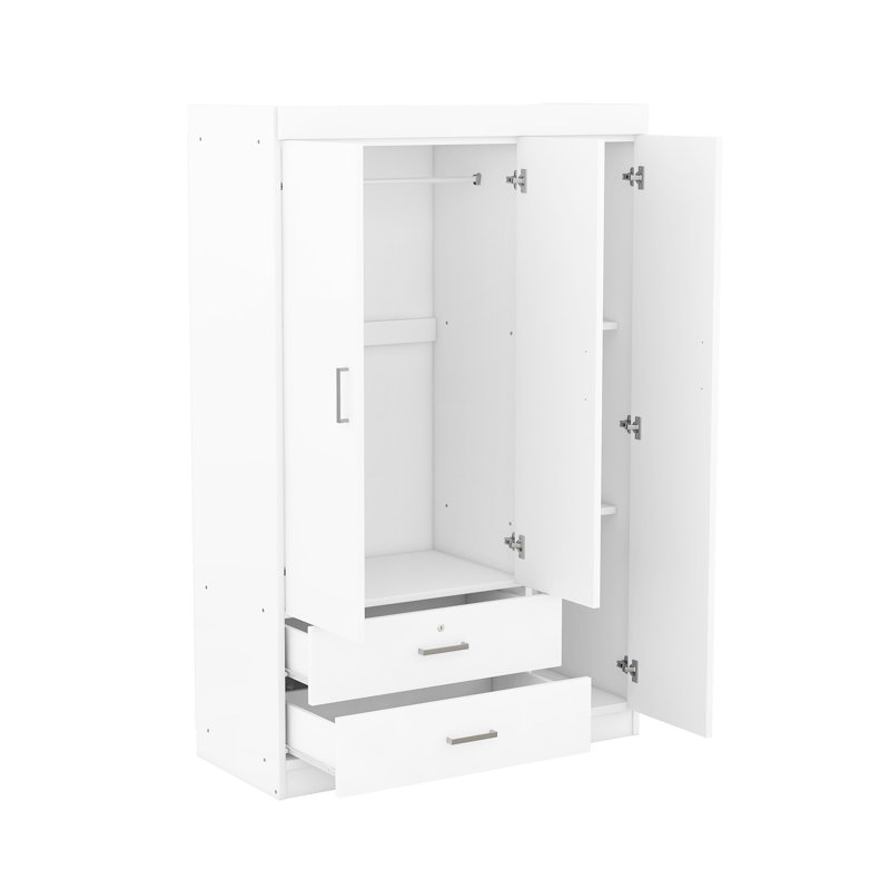 Garde-robe de chambre à 3 portes avec 2 tiroirs, blanc - option élégante 2 rangements chic, Blanc