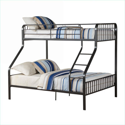 Twin XL Over Queen Bunk Bed Frame, Sleek Metal Construction with Built-in Ladder, Classic Silver Finished Space-Saving Bed Frame