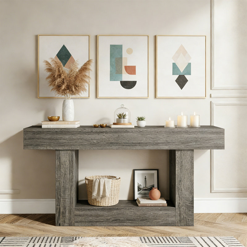 63" Wooden Console Table, Farmhouse 2-Tier Sofa Table Entryway Table, Dark Gray, Dark Gray