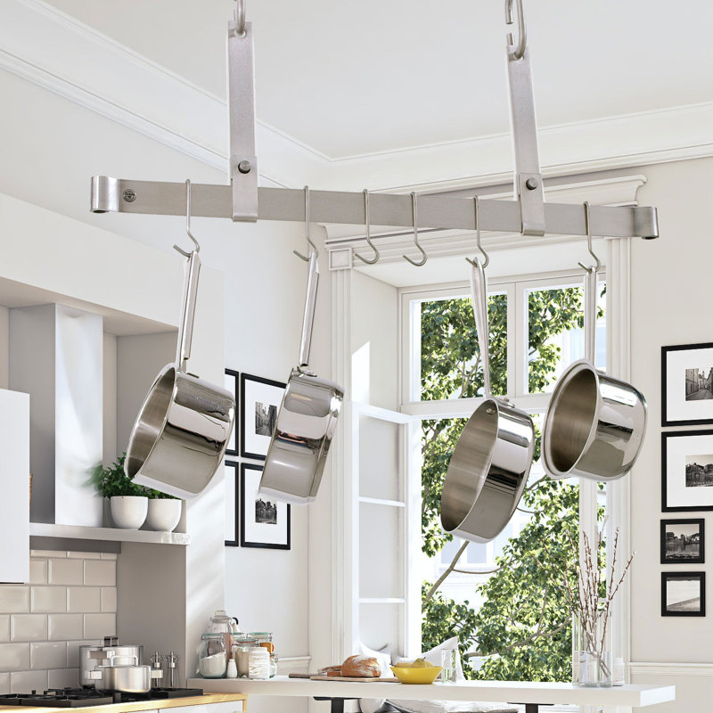 Premier Handcrafted Hanging Pot Rack, 19.5" H x 48" W x 1" D, Stainless Steel