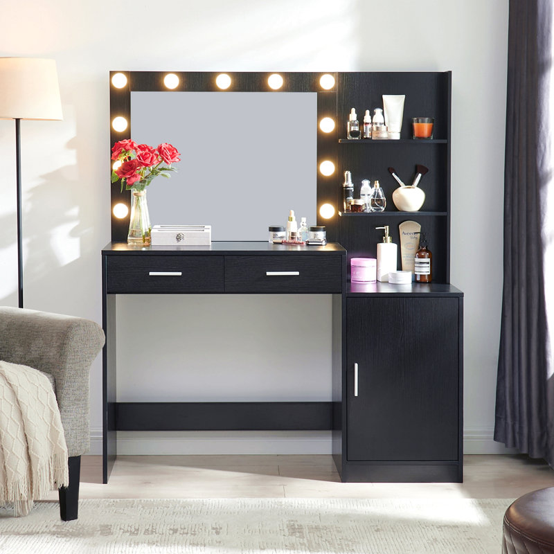 Bureau de coiffeuse avec miroir et lumières, coiffeuse de 46,4 po avec 2 grands tiroirs et grand organisateur vertical, commode à 3 niveaux et 3 modes d'éclairage Luminosité réglable